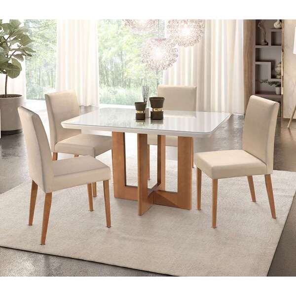 Conjunto De Mesa De Jantar Com 4 Cadeiras Talia Veludo Off Wh