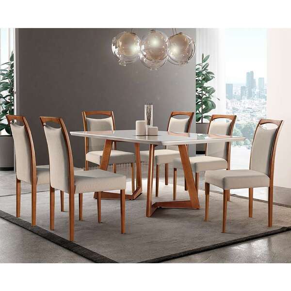 Conjunto De Mesa De Jantar Com 6 Cadeiras Lívia Linho Off Whi