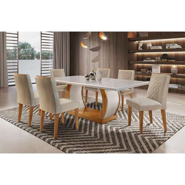 Conjunto De Mesa De Jantar Com Tampo Off White E 6 Cadeiras M