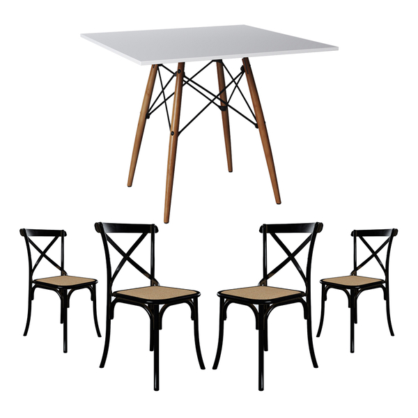 Conjunto De Mesa Eiffel Quadrado Tampo De Madeira 90cm Branco