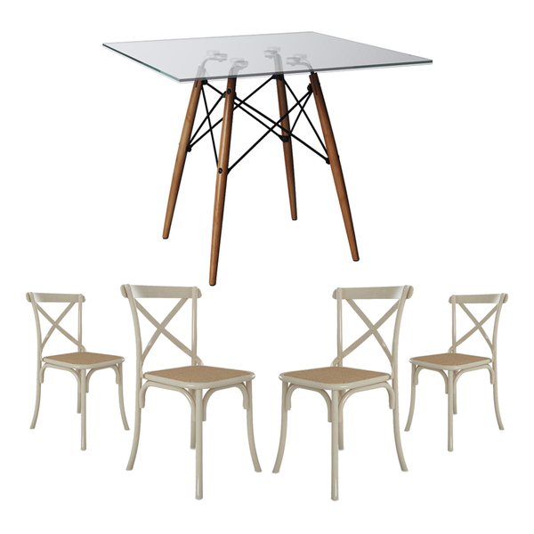 Conjunto De Mesa Eiffel Quadrado Tampo De Vidro 110cm Com 4 C