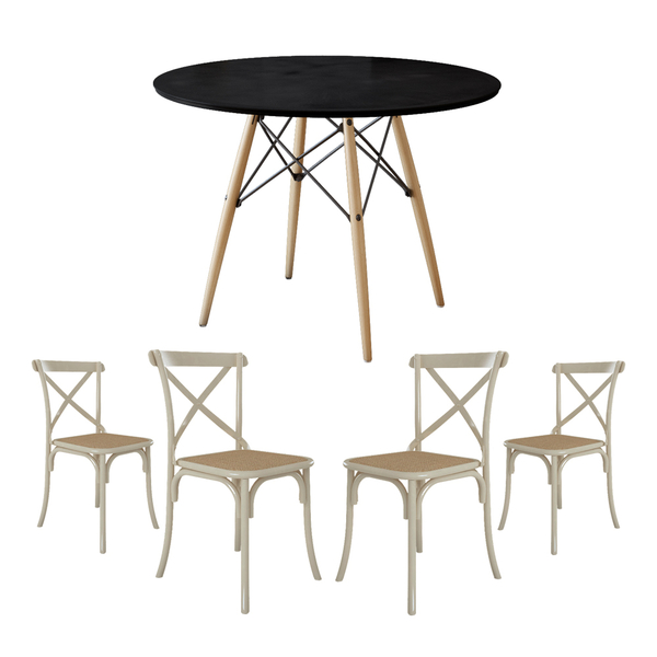 Conjunto De Mesa Eiffel Redondo Tampo De Madeira 90cm Preto C