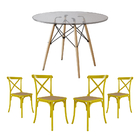 Conjunto De Mesa Eiffel Redondo Tampo De Vidro 110cm Com 4 Ca