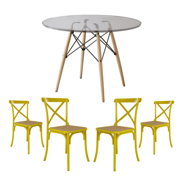 Conjunto De Mesa Eiffel Redondo Tampo De Vidro 110cm Com 4 Ca