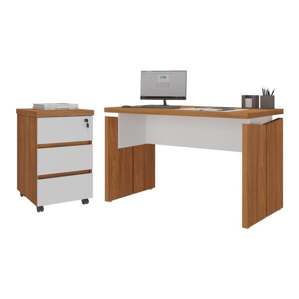 Conjunto De Mesa Em L E Gaveteiro Arara Freijó Branco