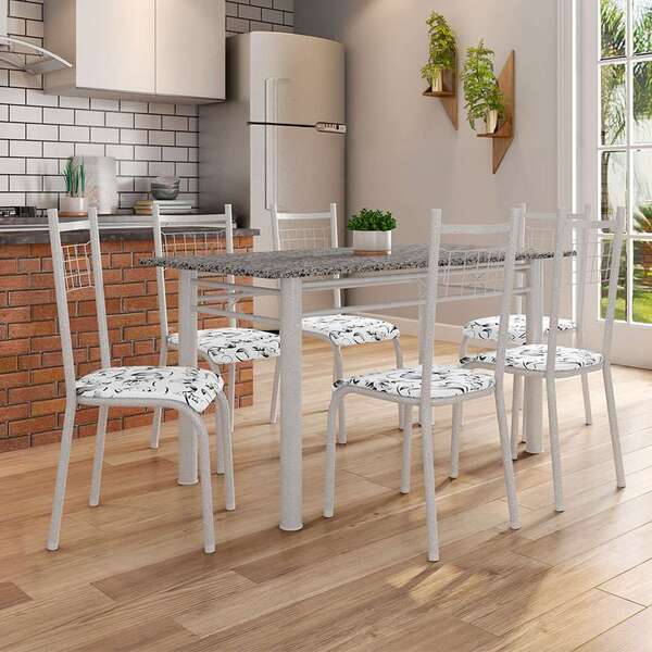 Conjunto De Mesa Granada Com 6 Cadeiras Lisboa Branco Prata E