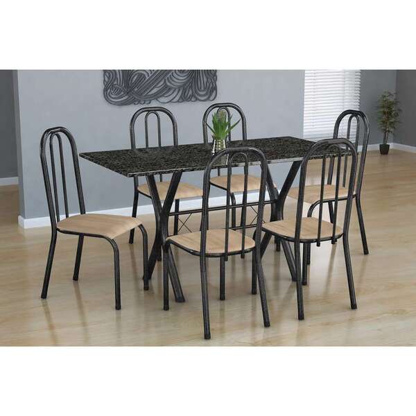 Conjunto De Mesa Miame Com 6 Cadeiras Madri Preto Prata E Nat