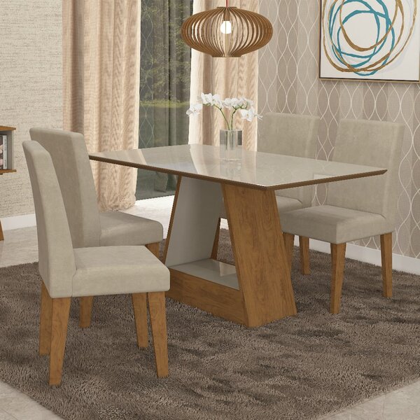 Conjunto de Mesa Para Sala de Jantar C/ Vidro Temperado e 4 C