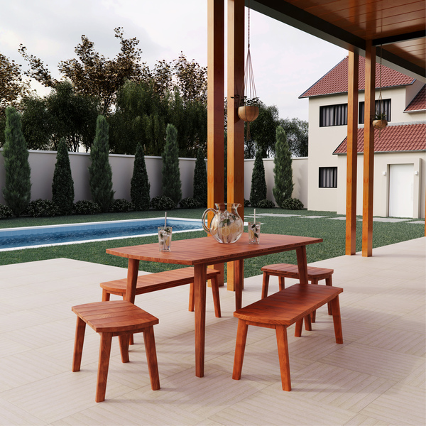 Conjunto de Mesa Retangular 75x85x160cm com 2 Bancos de 2 Lugares e 2 Bancos de 1 Lugar de Madeira Yumi Naterial