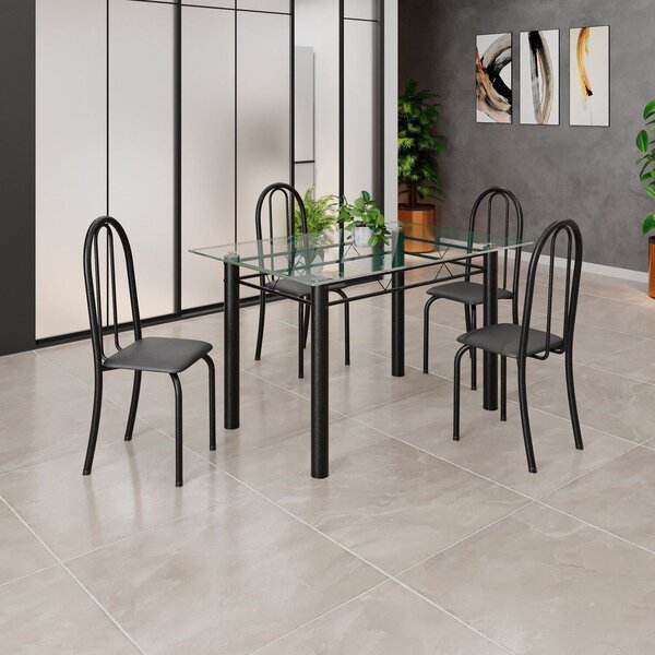 Conjunto De Mesa Tubular 120x75cm Tampo Em Vidro Com 4 Cadeir