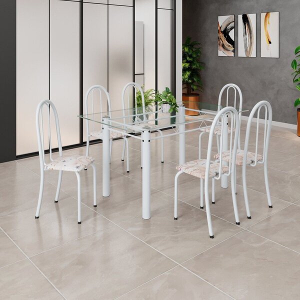 Conjunto De Mesa Tubular 140cm X75cm Tampo Em Vidro Incolor C