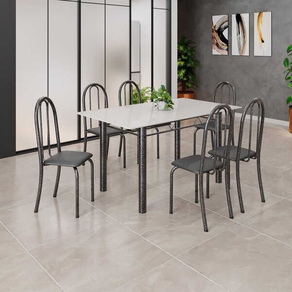 Conjunto De Mesa Tubular 140cm X 75cm Tampo Em Vidro Com 6 Ca