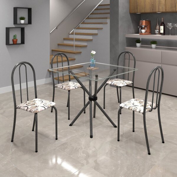 Conjunto De Mesa Tubular 70x70cm Tampo De Vidro Com 4 Cadeira