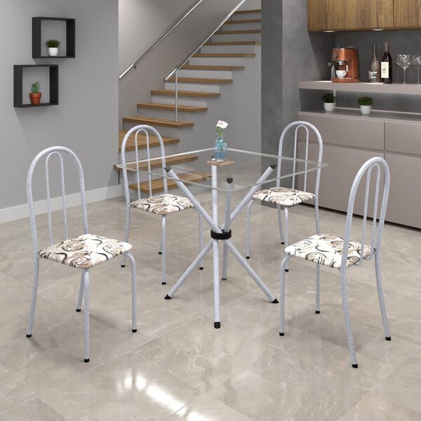 Conjunto De Mesa Tubular 70x70cm Tampo De Vidro Com 4 Cadeira