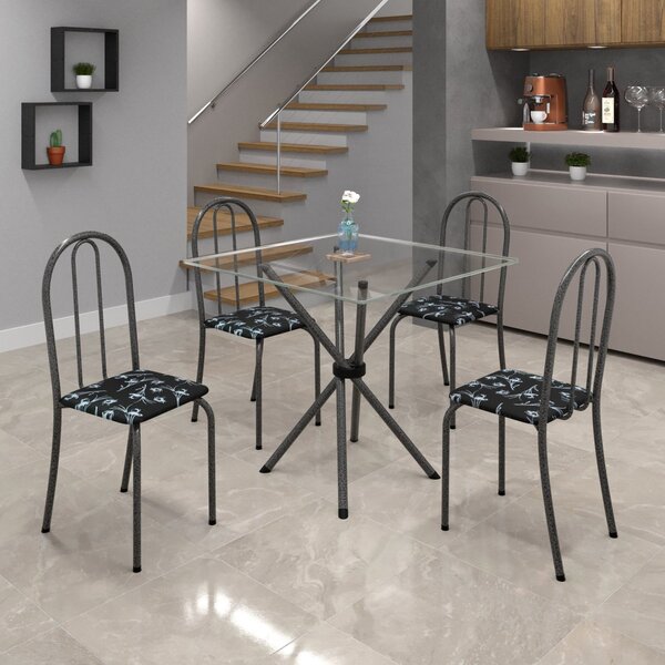 Conjunto De Mesa Tubular 70x70cm Tampo De Vidro Com 4 Cadeira