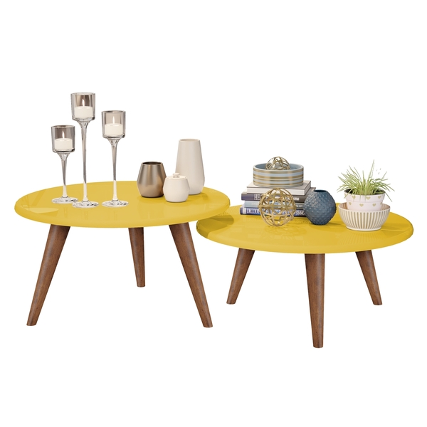 Conjunto De Mesas De Centro Ísis Amarelo/Madero – Móveisaqui