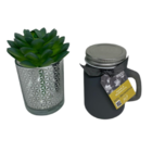 Conjunto De Mini Vaso Prata Com Suculenta E Vela Decorativa P