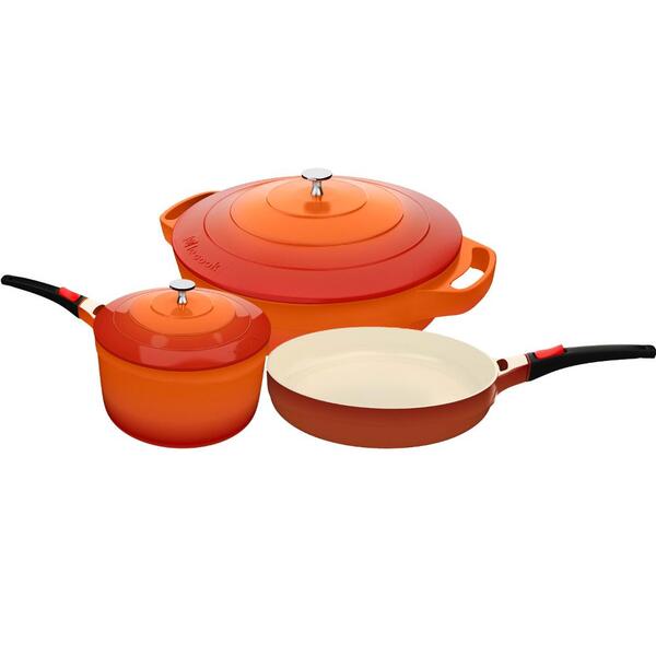 Conjunto De Panelas 3 Pçs Alça De Silicone Laranja Le Cook