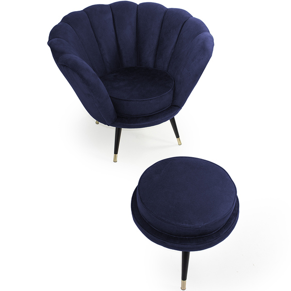 Conjunto De Poltrona Com Puff La Pétala Pés Duo Veludo Azul M