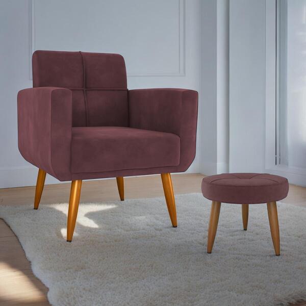 Conjunto De Poltrona E Puff Decorativos Miller Veludo Rose