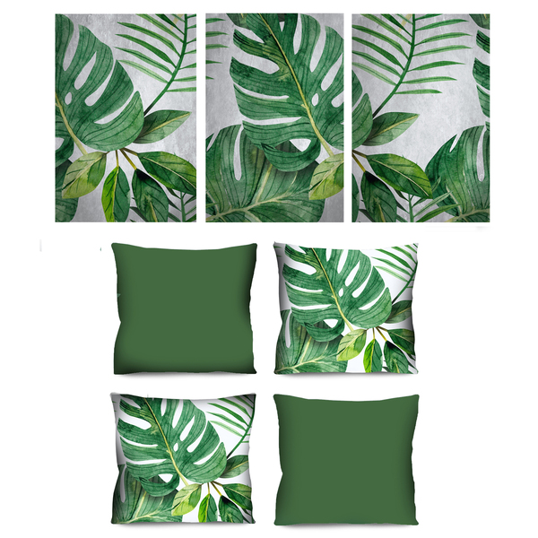 Conjunto De Quadro 70x150 Triptico E 4 Capas De Almofada Folh