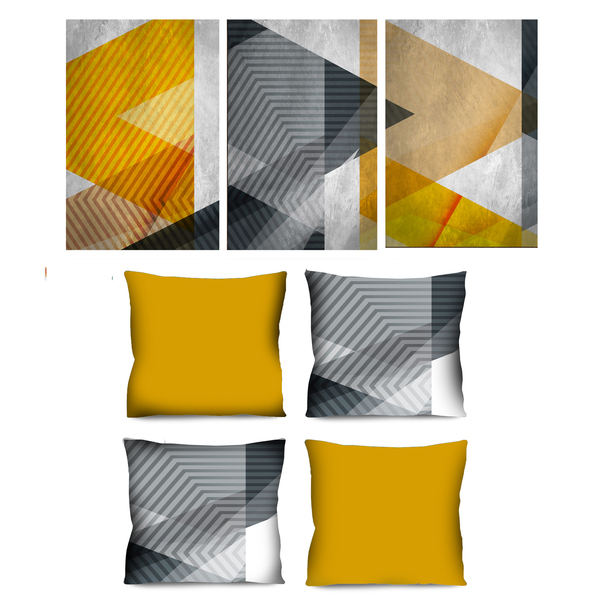 Conjunto De Quadro 70x150 Triptico E 4 Capas De Almofada Geom
