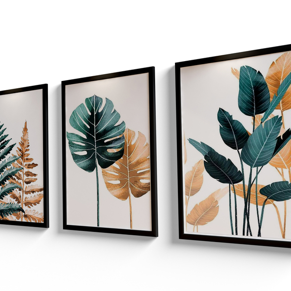 Conjunto De Quadros 60x40 Com Moldura Folhas Detalhes Em Bege