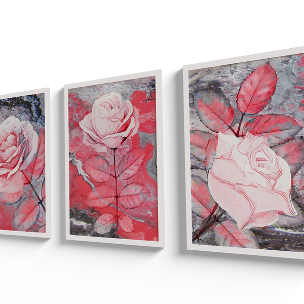 Conjunto De Quadros 60x40 Com Moldura Pintura Rosas