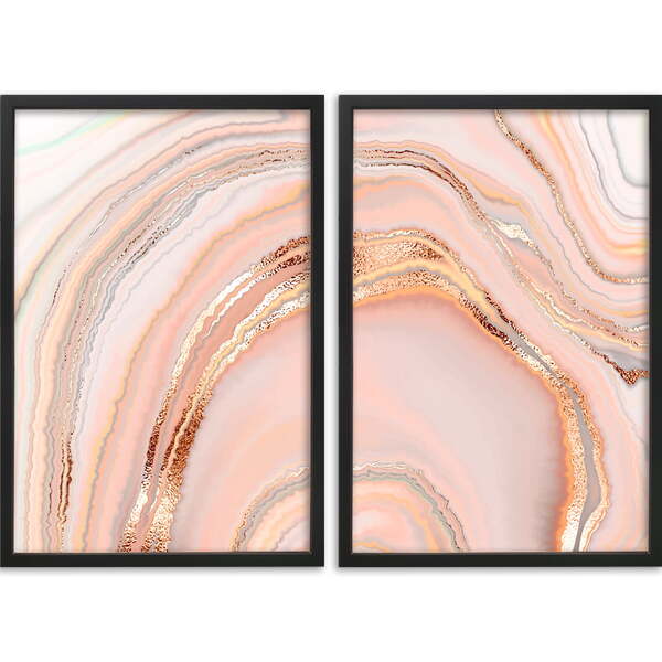 Conjunto De Quadros Mármore Rosê Moldura Sem Vidro Preto