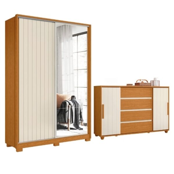 Conjunto De Quarto Guarda Roupas Com Espelho 2 Portas De Corr