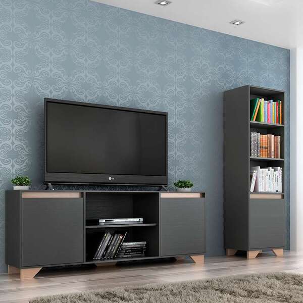 Conjunto De Rack E Estante Friso I Grafite E Siena