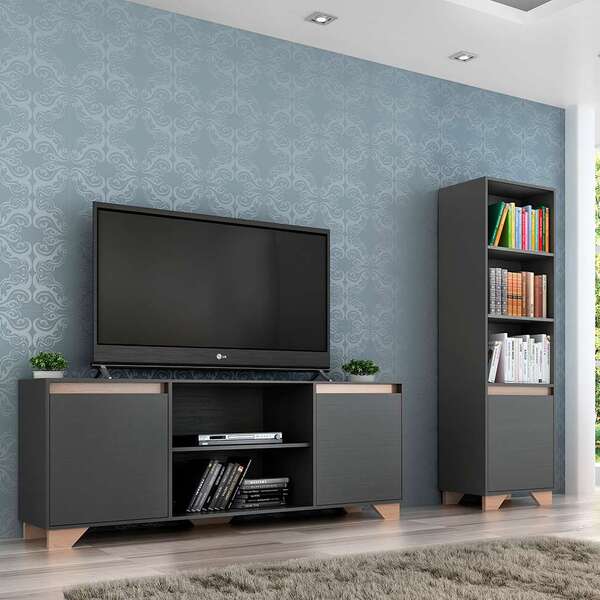 Conjunto De Rack E Estante Friso Ii Grafite E Siena