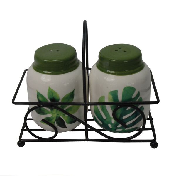 Conjunto De Saleira E Pimenteiro Com Suporte Em Ceramica E Me