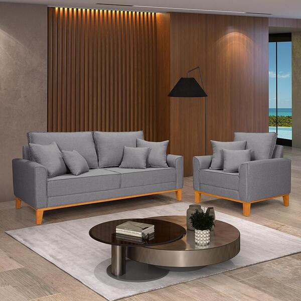 Conjunto De Sofá Beny Com 2 Poltronas Living Base De Madeira