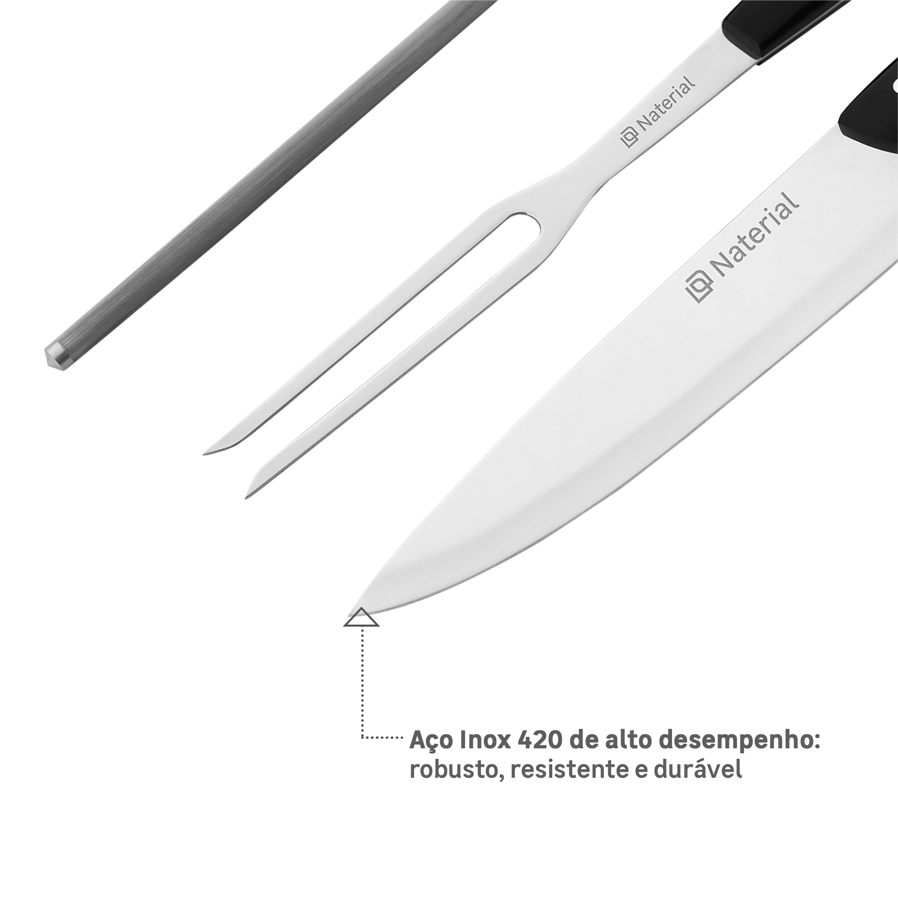 Conjunto de Utensílios para Churrasco em Aço Inox Naterial - 3 Peças