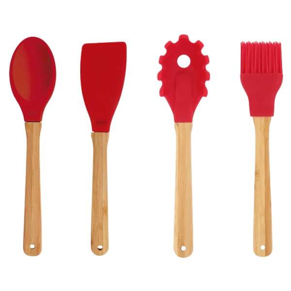 Conjunto De Utensílios Em Silicone 4 Peças Com Cabo De Madeir