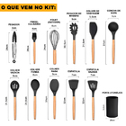 Conjunto De Utensílios Silicone Kit 12 Peças Cabo Madeira