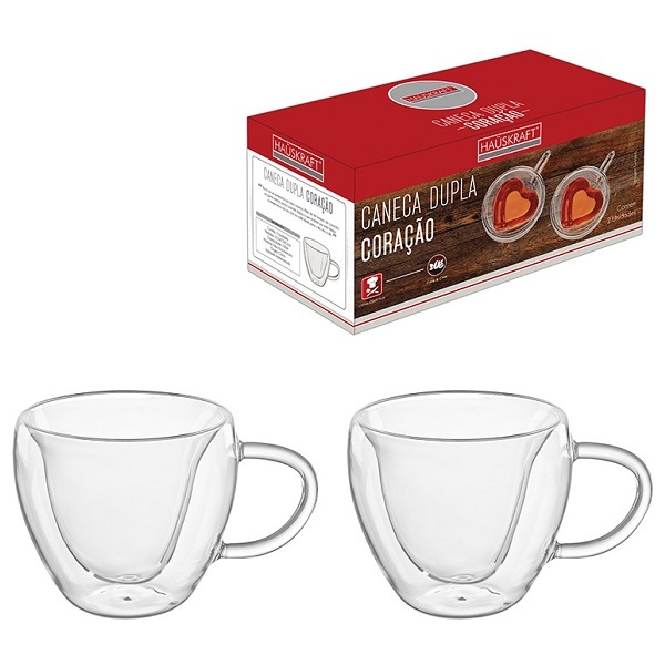 Conjunto De Xicaras Parede Dupla Coraçao 230ml 2 Peças Hauskr