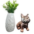 Conjunto Decor Vaso Branco Trabalhado E Bulldog Rose Gold