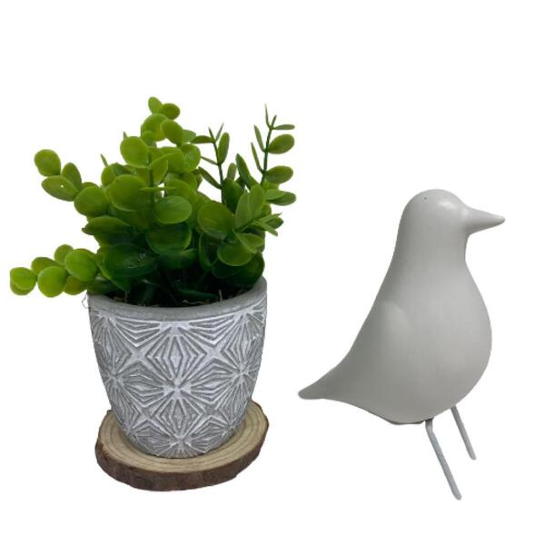 Conjunto Decor Vaso De Cimento Mosaico E Pássaro Branco