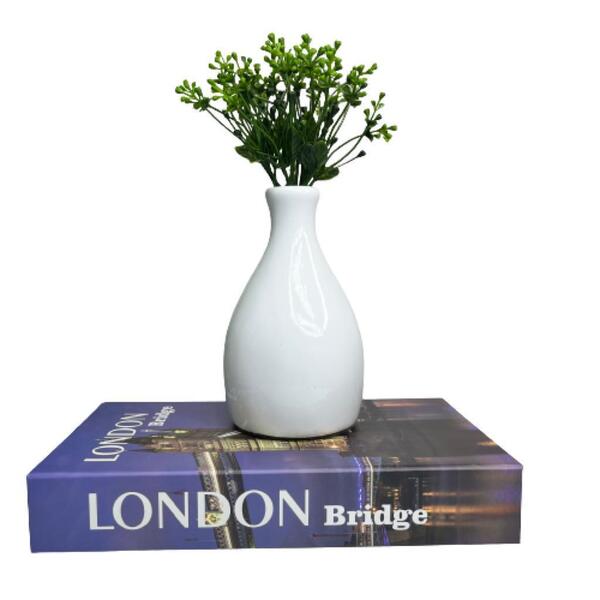 Conjunto Decoração Livro London + Vaso Garrafa Na Cor Branca