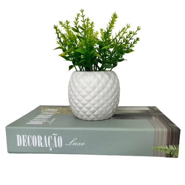Conjunto Decoração Livro Verde + Vaso Branco De Cerâmica