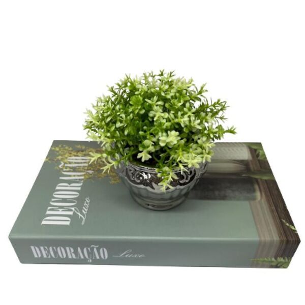 Conjunto Decoração Livro Verde + Vaso Prata De Cerâmica