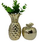 Conjunto Decoração Vaso Abacaxi Dourado + Maçã Dourada