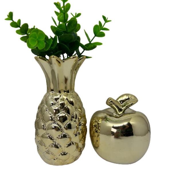 Conjunto Decoração Vaso Abacaxi Dourado + Maçã Dourada