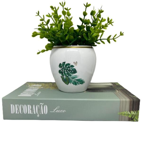 Conjunto Decorativo Livro De Papelão + Vaso Branco Cerâmico