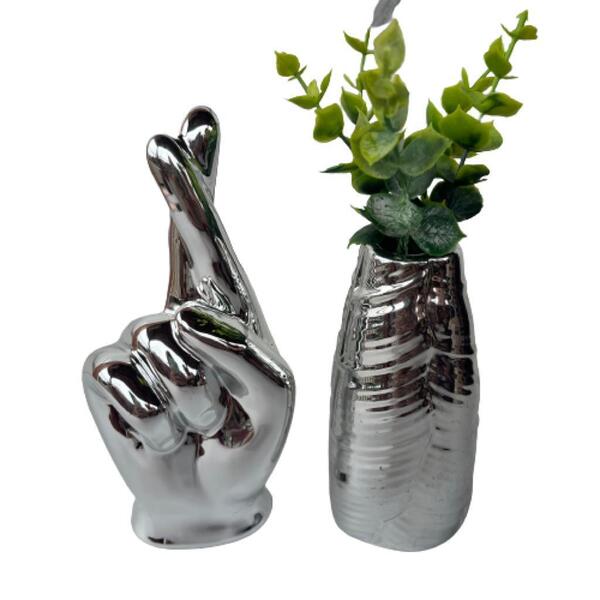 Conjunto Decorativo Mão Fazendo Figa + Vaso Prata Cerâmico