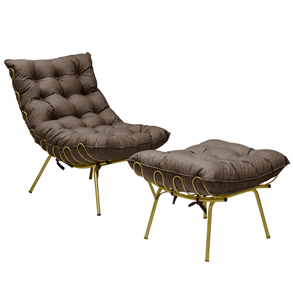 Conjunto Decorativo Poltrona E Puff Abel Base De Ferro Dourad