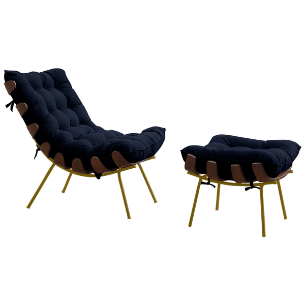 Conjunto Decorativo Poltrona E Puff Abel Base De Madeira Dour