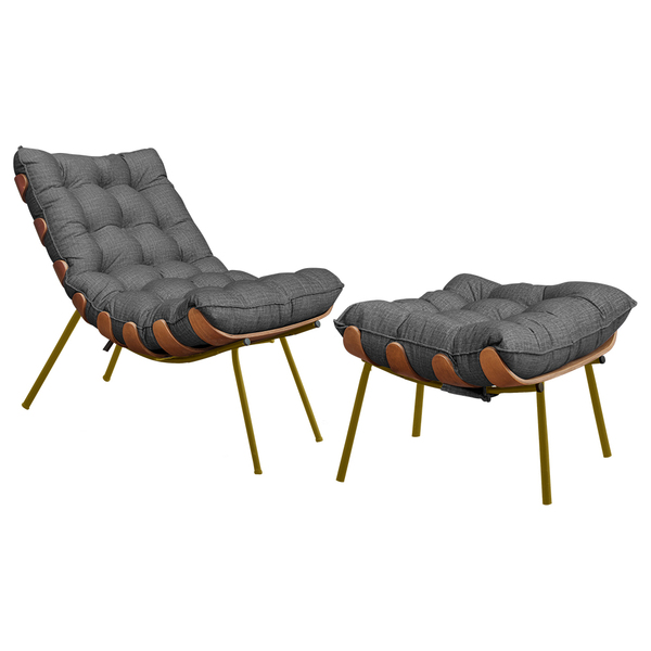 Conjunto Decorativo Poltrona E Puff Abel Base De Madeira Dour